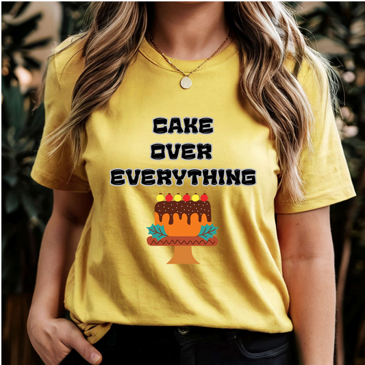 Cake over everything Yellow T-shirt party celebration surprise gift joke
