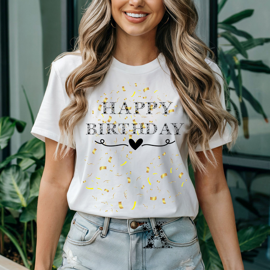 Happy Birthday White T-shirt with confetti gift party celebration surprise